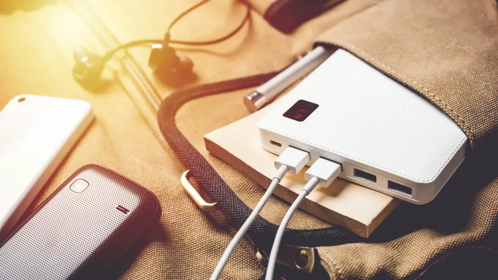 bag with devices charging.
